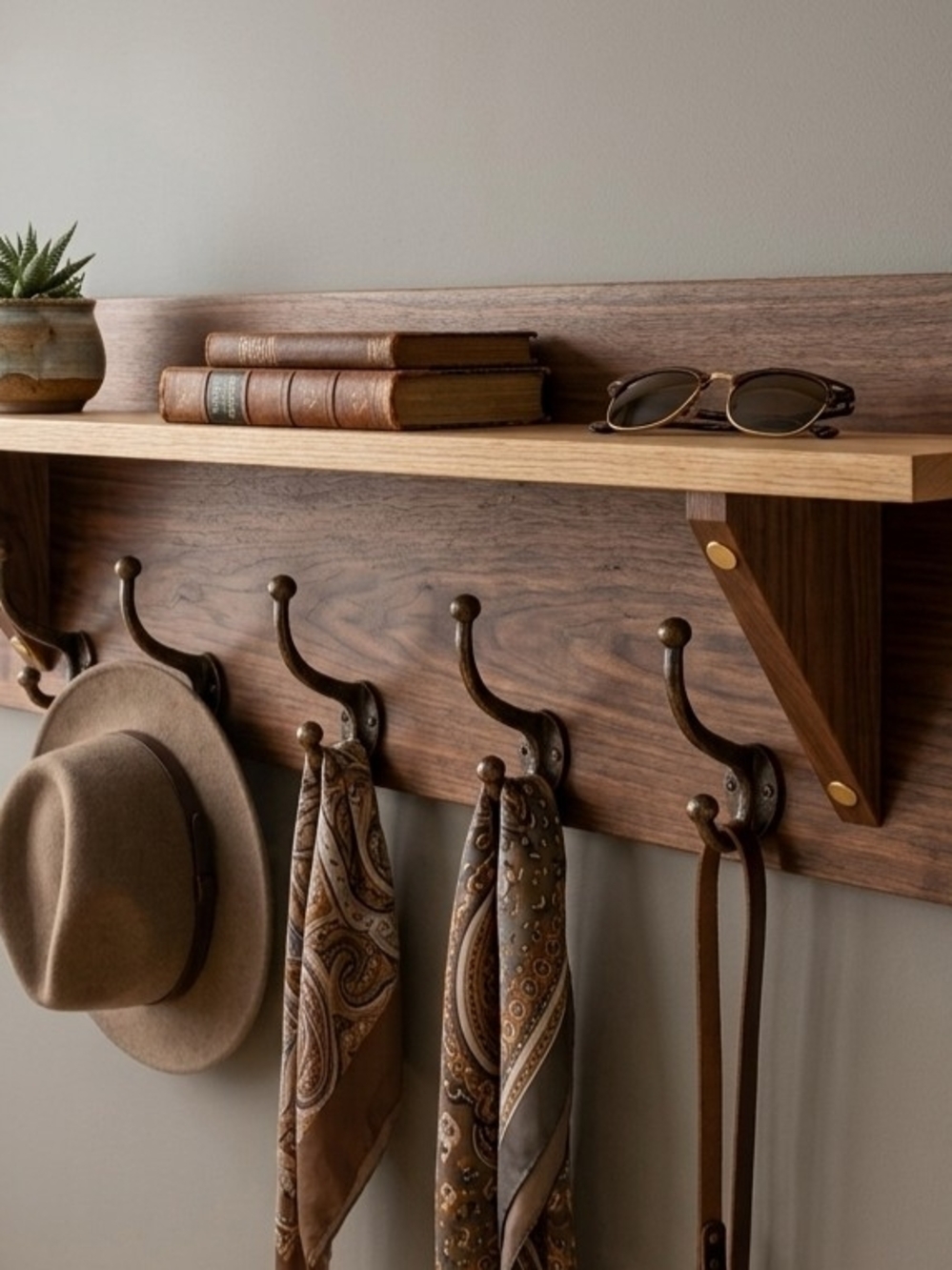 Wood Wall Shelf with Five Double Hooks - Brown
